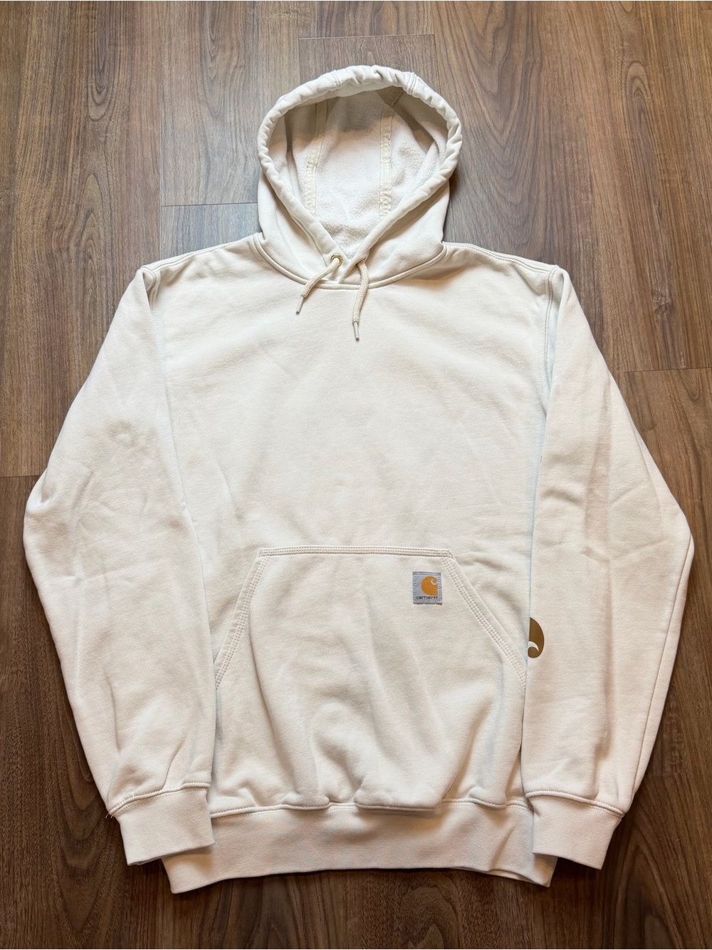 Carhartt Loose Fit Hoodie Workwear Arm Spell Out Logo White Brown Men’s Small